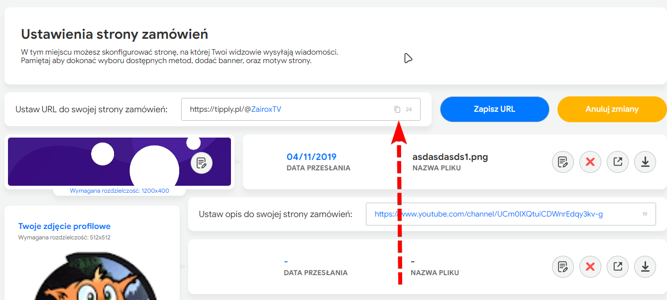 Zrzut ekranu ustawień strony streamera, na której zaznaczono przycisk służący do skopiowania URL strony wpłat.