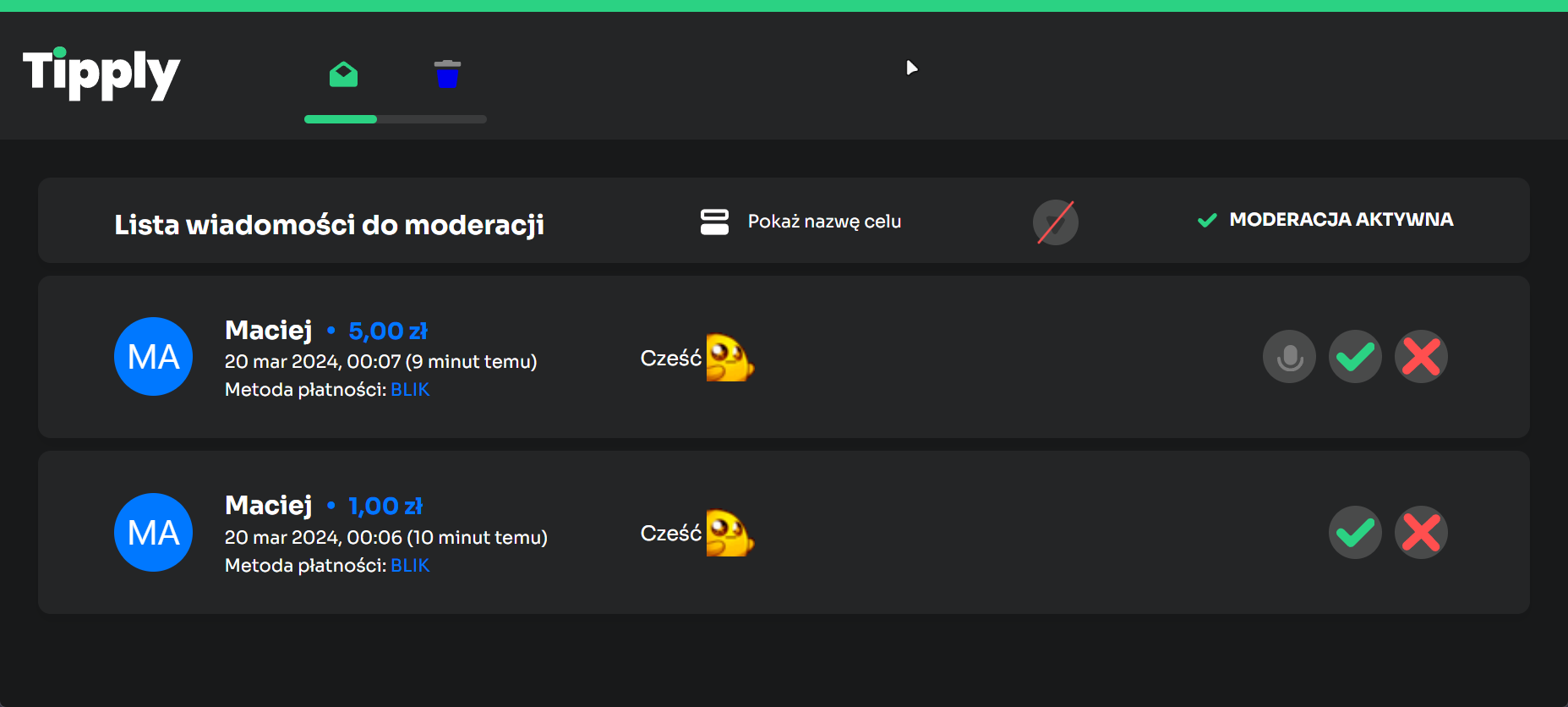 Wygląd panelu moderatora donejtów w Tipply