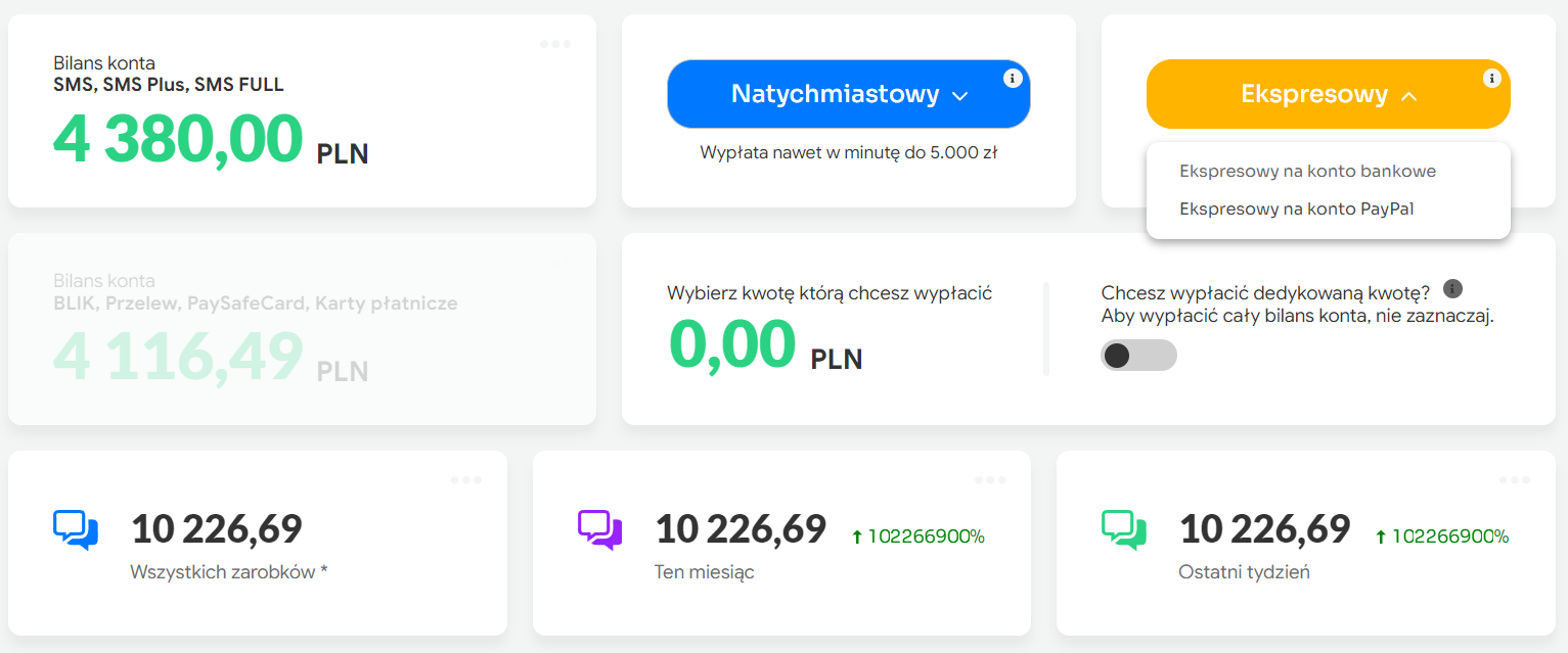 Wygląd panelu użytkownika, zakładka (Wypłaty) z wybranym bilansem i metodą wypłaty