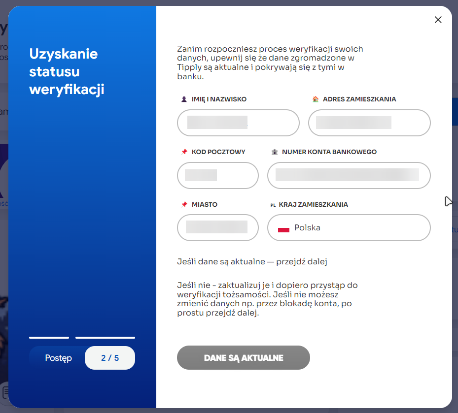 Moduł z informacjami o danych osobowych przypisanych obecnie do Twojego konta. Wyświetlamy go, gdy chcesz wykonać przelew weryfikacyjny w celu uzyskania odznaki weryfikacji.