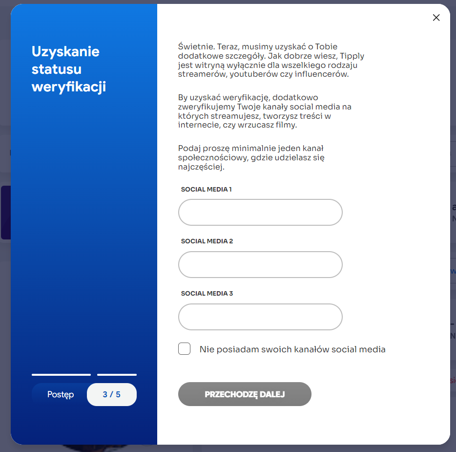 Oto moduł, w którym możesz podać linki do swoich mediów społecznościowych. Są one niezbędne do przeprowadzenia weryfikacji tożsamości za pomocą przelewu bankowego.