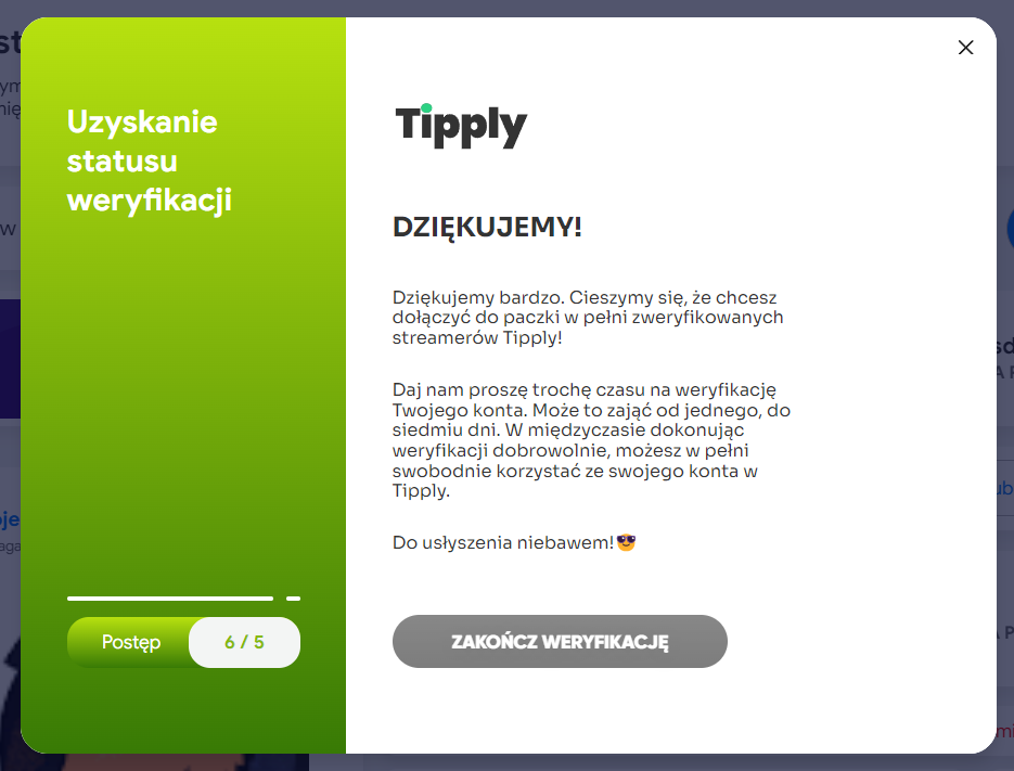 Moduł informujący o sukcesie weryfikacji.