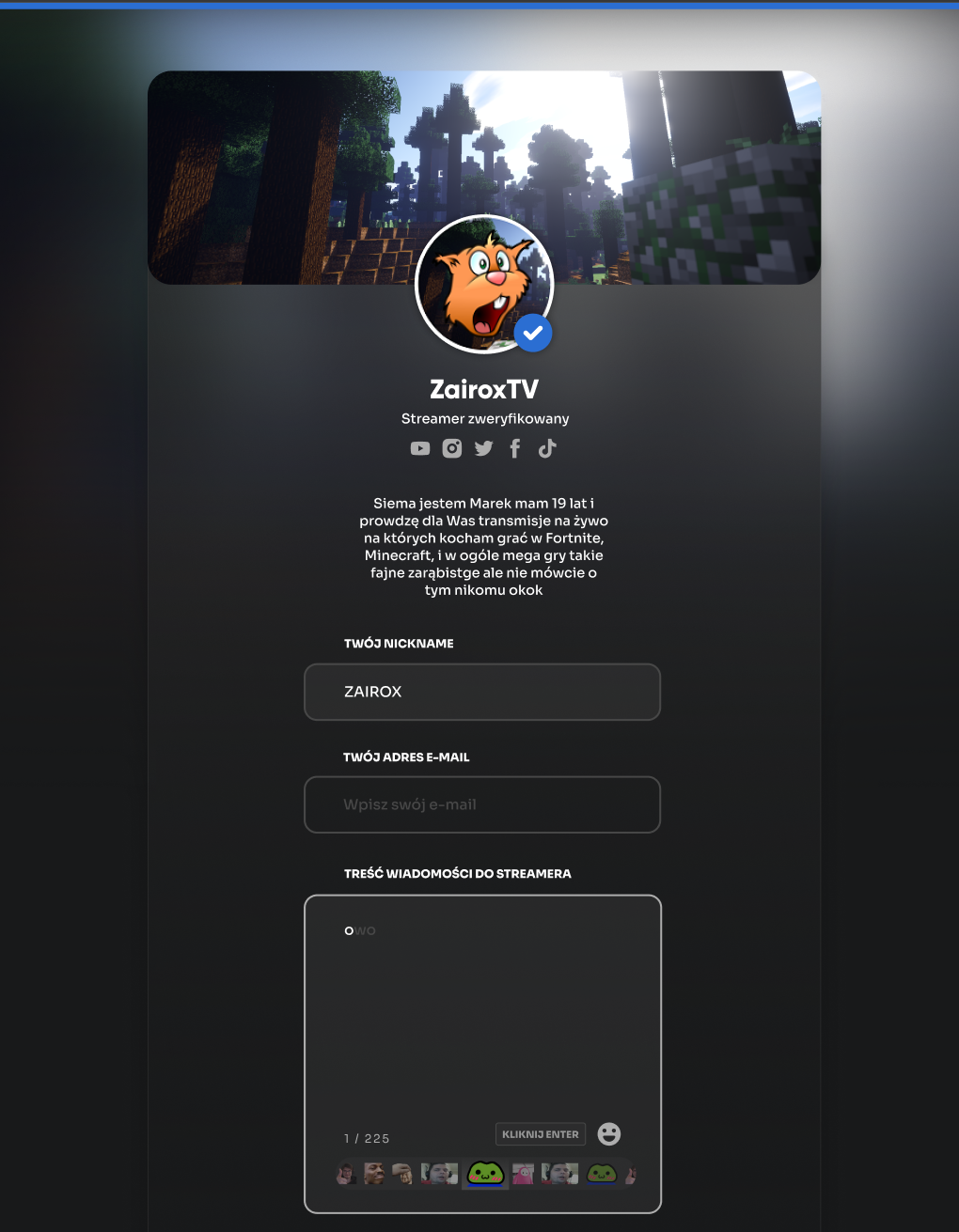 Strona profilowa streamera w serwisie Tipply. Na górze znajduje się baner z motywem z gry oraz okrągłe logo z rysunkowym, pomarańczowym kotem. Poniżej widnieje opis profilu, w którym 19-letni Marek zaprasza do oglądania transmisji z gier Fortnite i Minecraft. Pod opisem znajduje się formularz z polami do wpisania nicku, adresu e-mail oraz okno na treść wiadomości do streamera z licznikiem znaków i wyborem emotikon.
