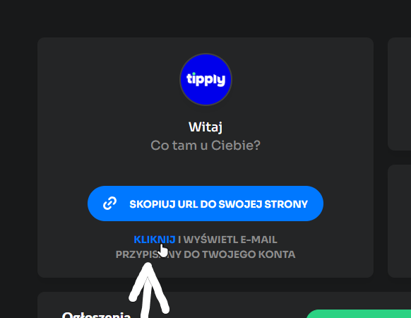 Zrzut ekranu panelu użytkownika serwisu Tipply z przyciskiem do kopiowania linku oraz opcją wyświetlenia adresu e-mail.